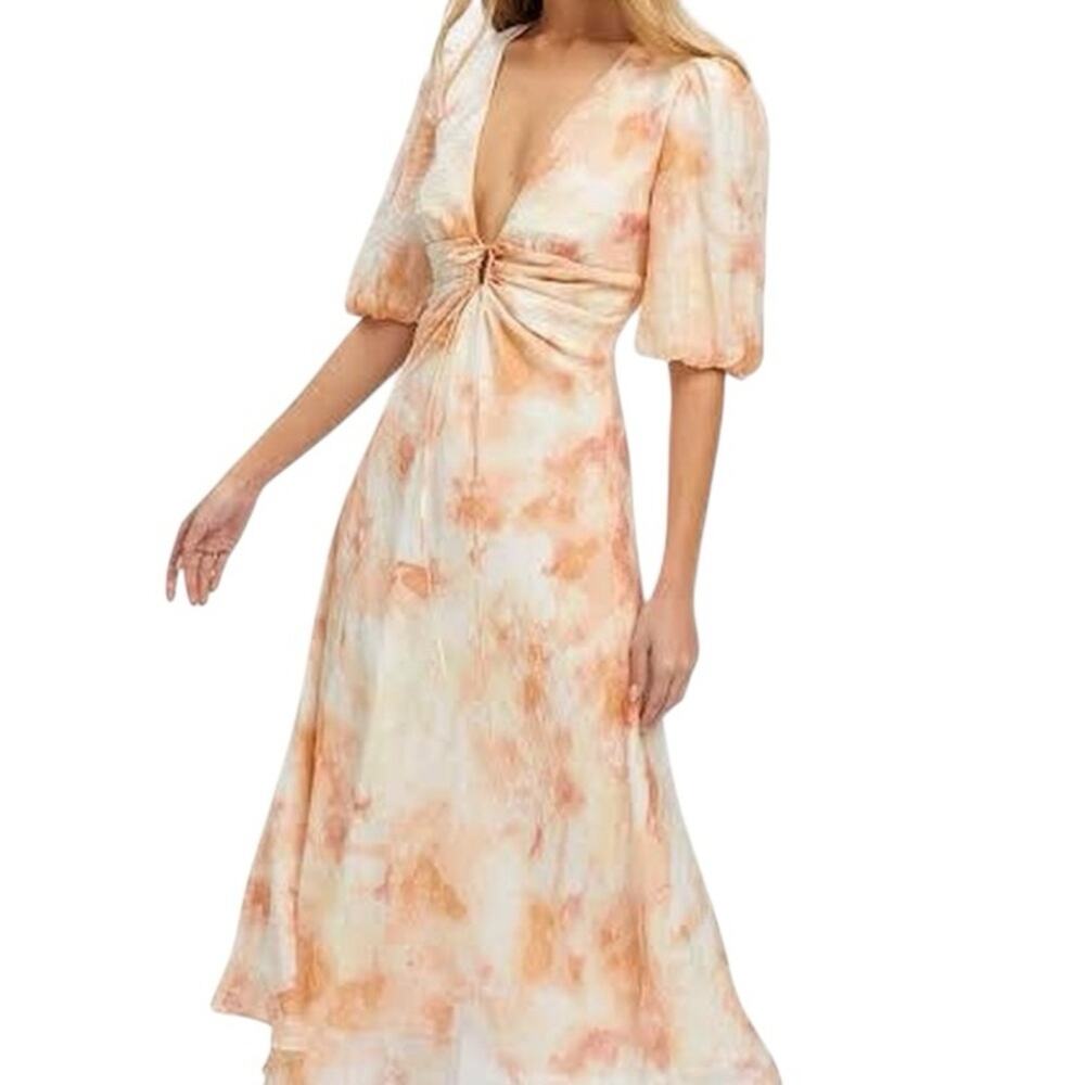 Bardot Farlow Sunshine Peach Midi Dress size 12 Puff Sleeve V-Neck Tie Front